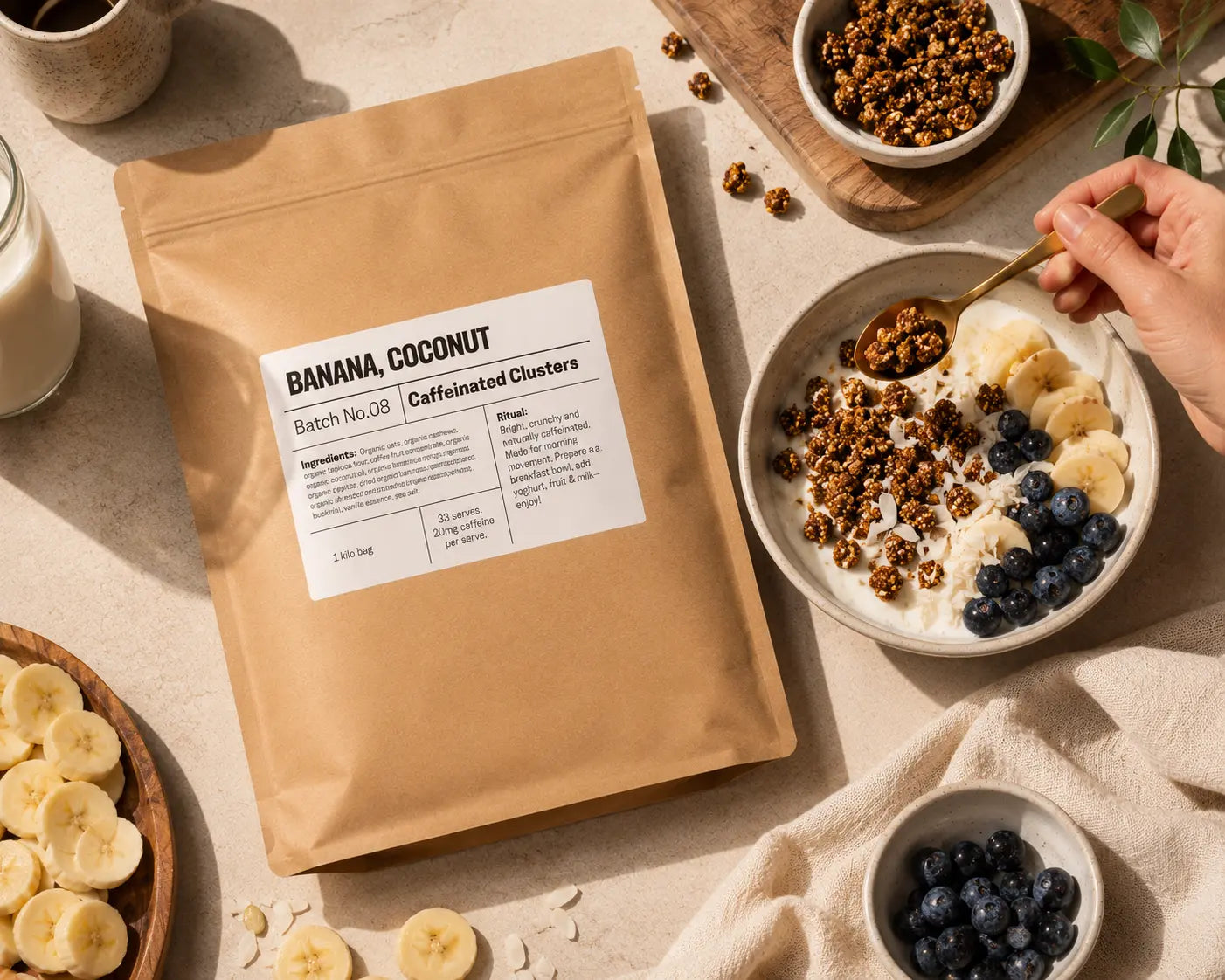Banana Coconut 1kg Pantry Pack kraft bag with breakfast bowl