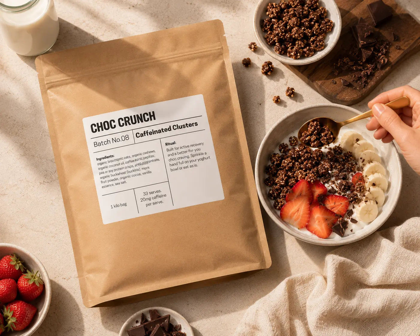 Choc Crunch 1kg Pantry Pack kraft bag with breakfast bowl