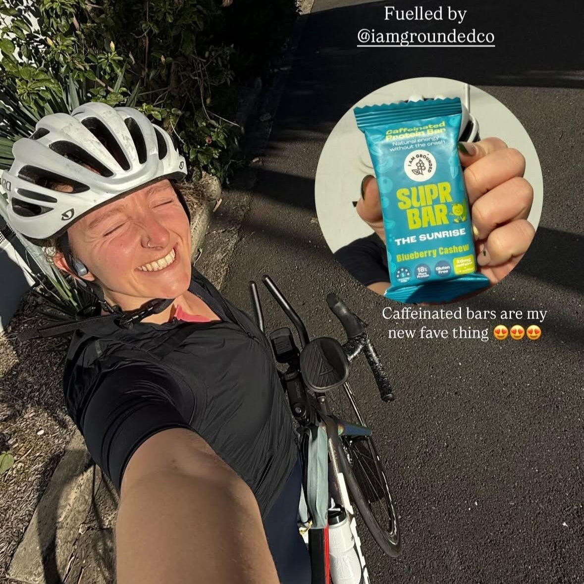 Person on a bicycle holding a energy bar with text overlay